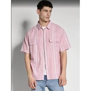 American Eagle Men's Pink & White Striped Short‎ Sleeve Button-Down Shirt Size L